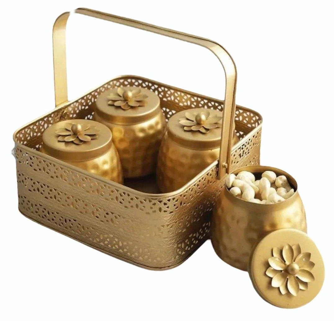 Luxury Golden Hammered Jar Set with Decorative Basket – 4 Jar Storage Organizer - Image 5