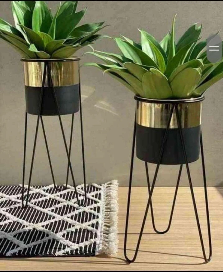 Modern Gold & Black Iron Planter Stand Set (Set of 2)
