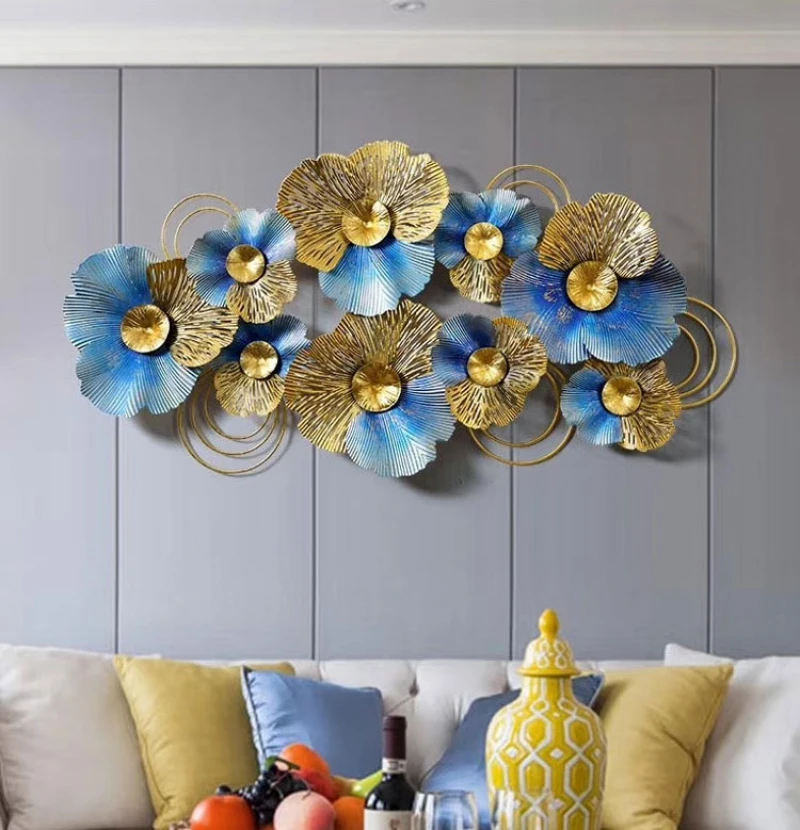 Luxury 3D Iron Wall Art – Blue & Gold Floral Panel Decor - Image 2