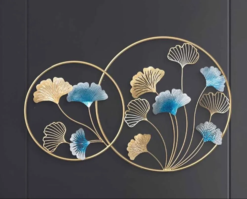 Luxury Iron Wall Art – Golden & Blue Ginkgo Leaf Decorative Wall Hanging - Image 2