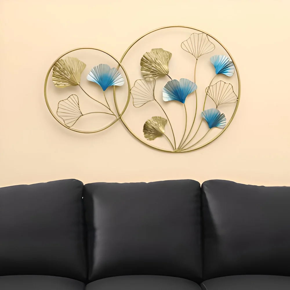 Luxury Iron Wall Art – Golden & Blue Ginkgo Leaf Decorative Wall Hanging - Image 3