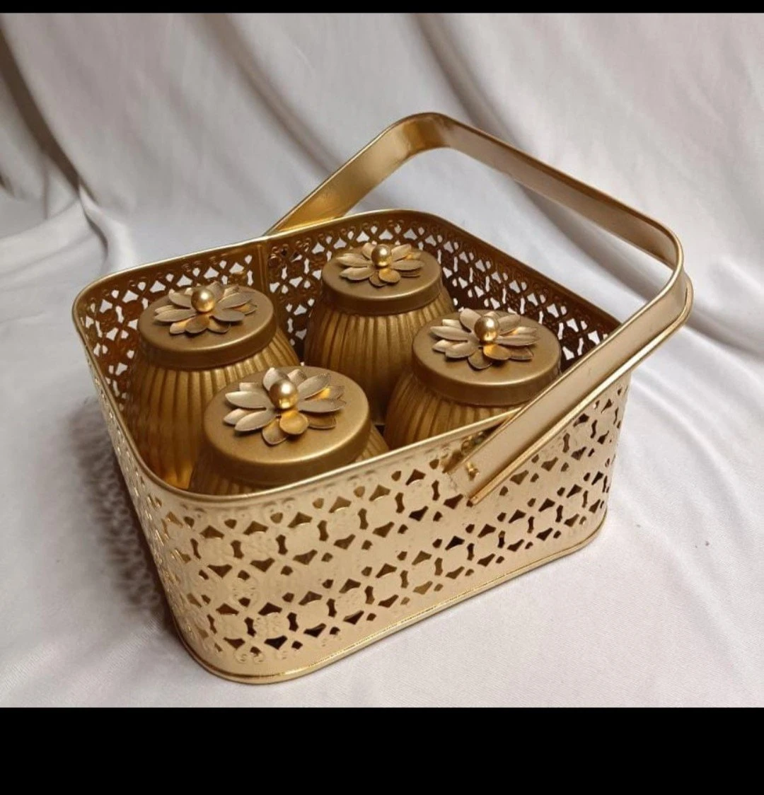 Luxury Golden Hammered Jar Set with Decorative Basket – 4 Jar Storage Organizer - Image 2