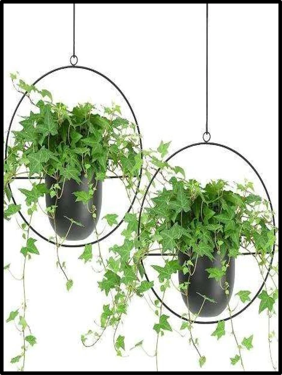 Modern Circular Metal Hanging Planter Set with Green Ivy Vines – (Set of 2)