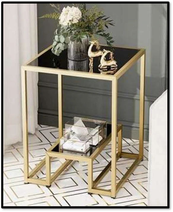 Modern Gold Metal Side Table with Black Glass Top – Luxury 2-Tier Accent End Table