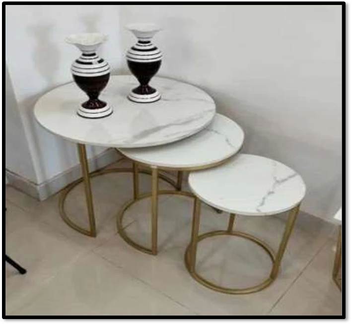 Modern Marble-Top Round Nesting Tables with Gold Mild Steel Frame – Set of 3