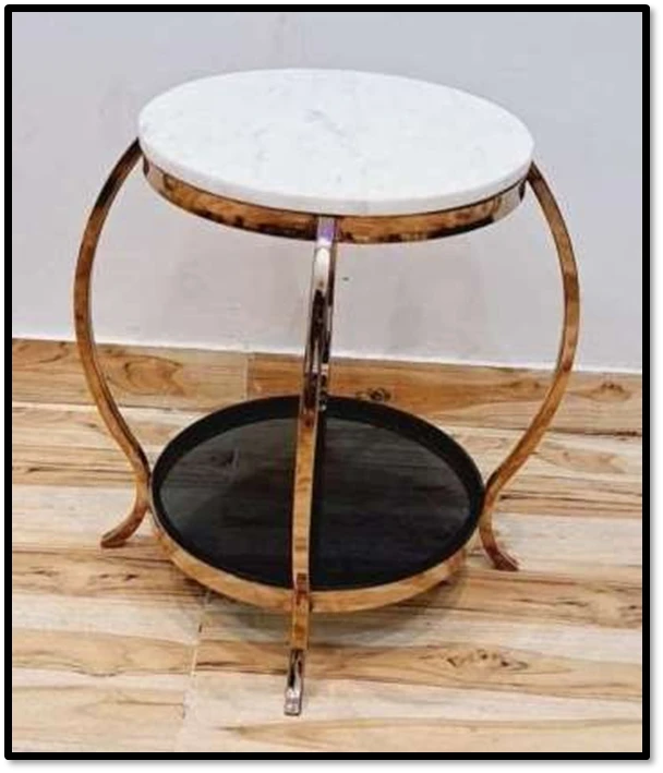 Round Gold Metal Side Table with White Marble & Black Glass Shelves