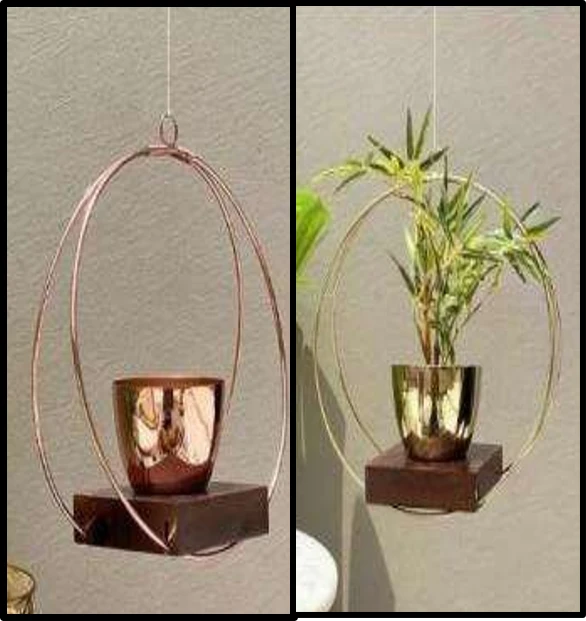 Modern Iron Hanging Planter with Wooden Base – Circular Ring Design