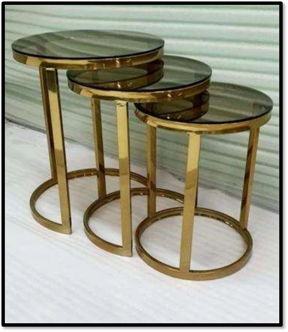 Luxury Gold Mild Steel Round Nesting Table Set – (Set of 3) with Tinted Glass Top