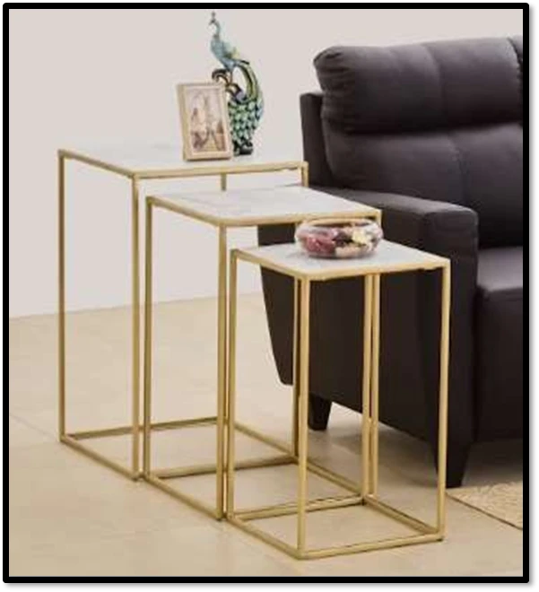 Gold Mild Steel Nesting Side Table Set with Marble Finish Tops – Set of 3