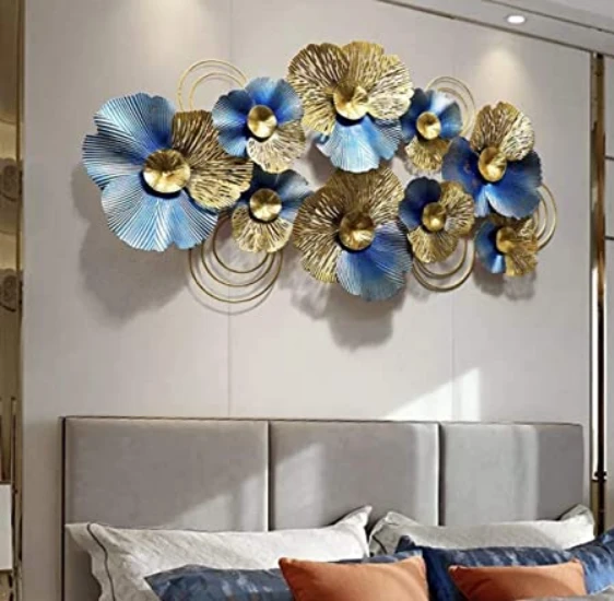 Luxe Golden & Blue Floral Metal Wall Art - Modern Metallic Flower Wall Sculpture