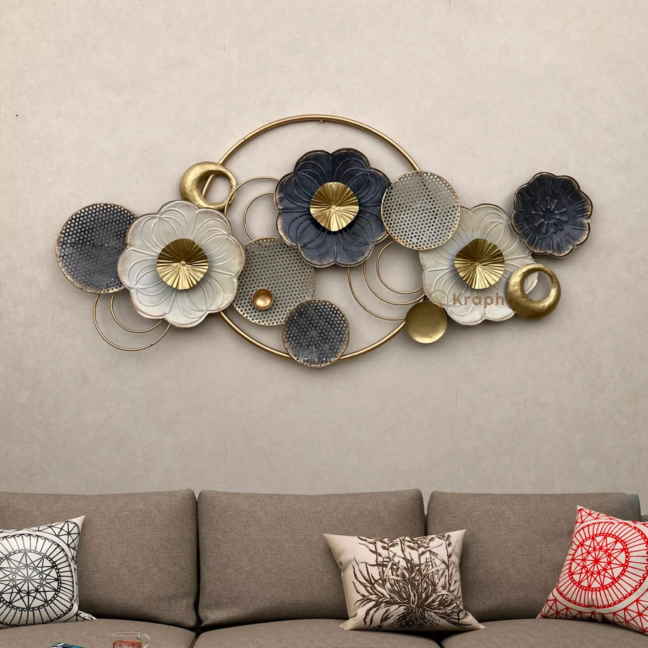 Modern Floral Metal Wall Art - Elegant Gold and Blue Circular Wall Decor
