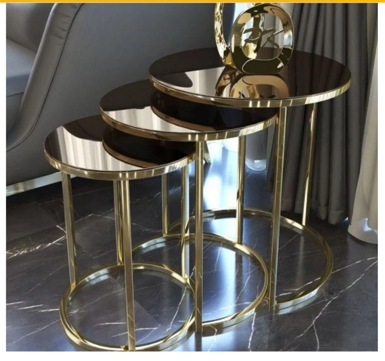 Luxury Gold Mild Steel Round Nesting Table Set – (Set of 3) with Tinted Glass Top - Image 4