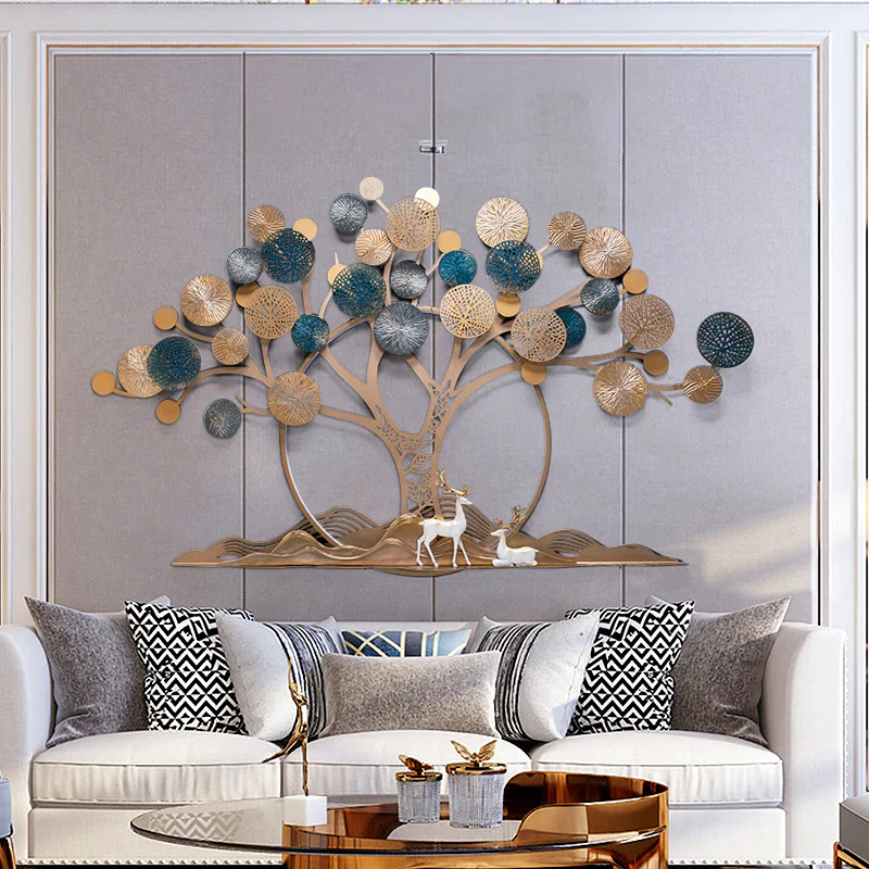 Luxury Golden Tree of Life Iron Wall Art With Backlit Ring & Deer Sculpture - Image 3