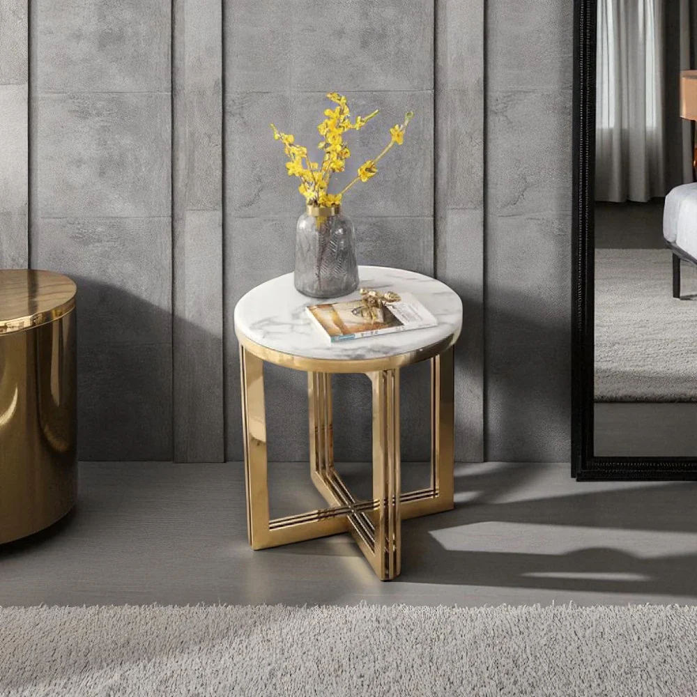 Modern Round Marble Top Side Table with X-Base - Image 4