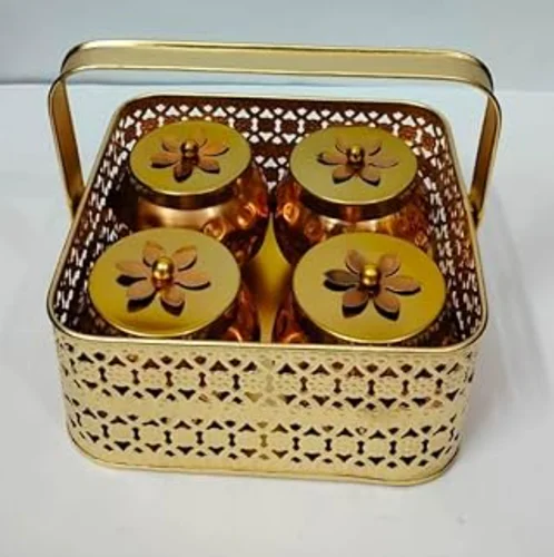 Luxury Golden Hammered Jar Set with Decorative Basket – 4 Jar Storage Organizer - Image 4