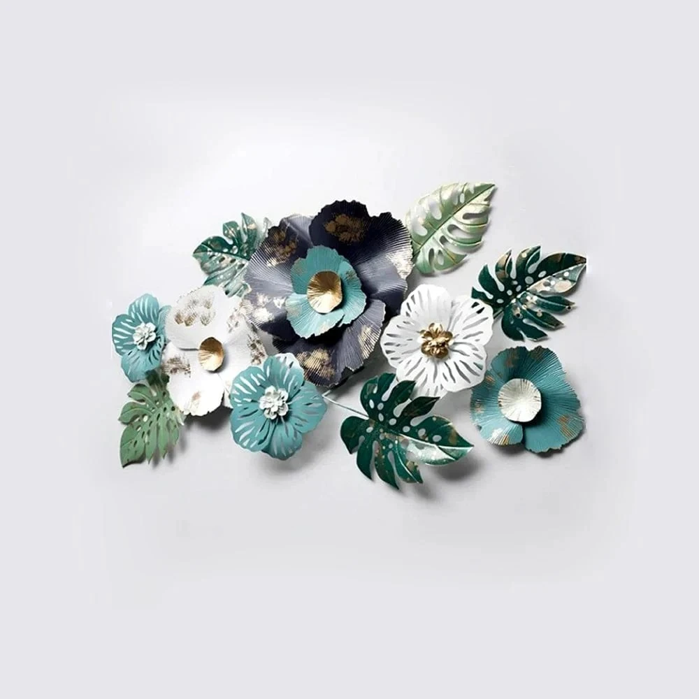 Luxury 3D Iron Floral Wall Art Decor – Teal & Gold Iron Flower Arrangement - Image 3