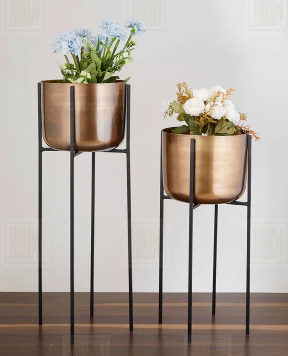 Set of 2 Antique Iron Planters with Black Iron Stands