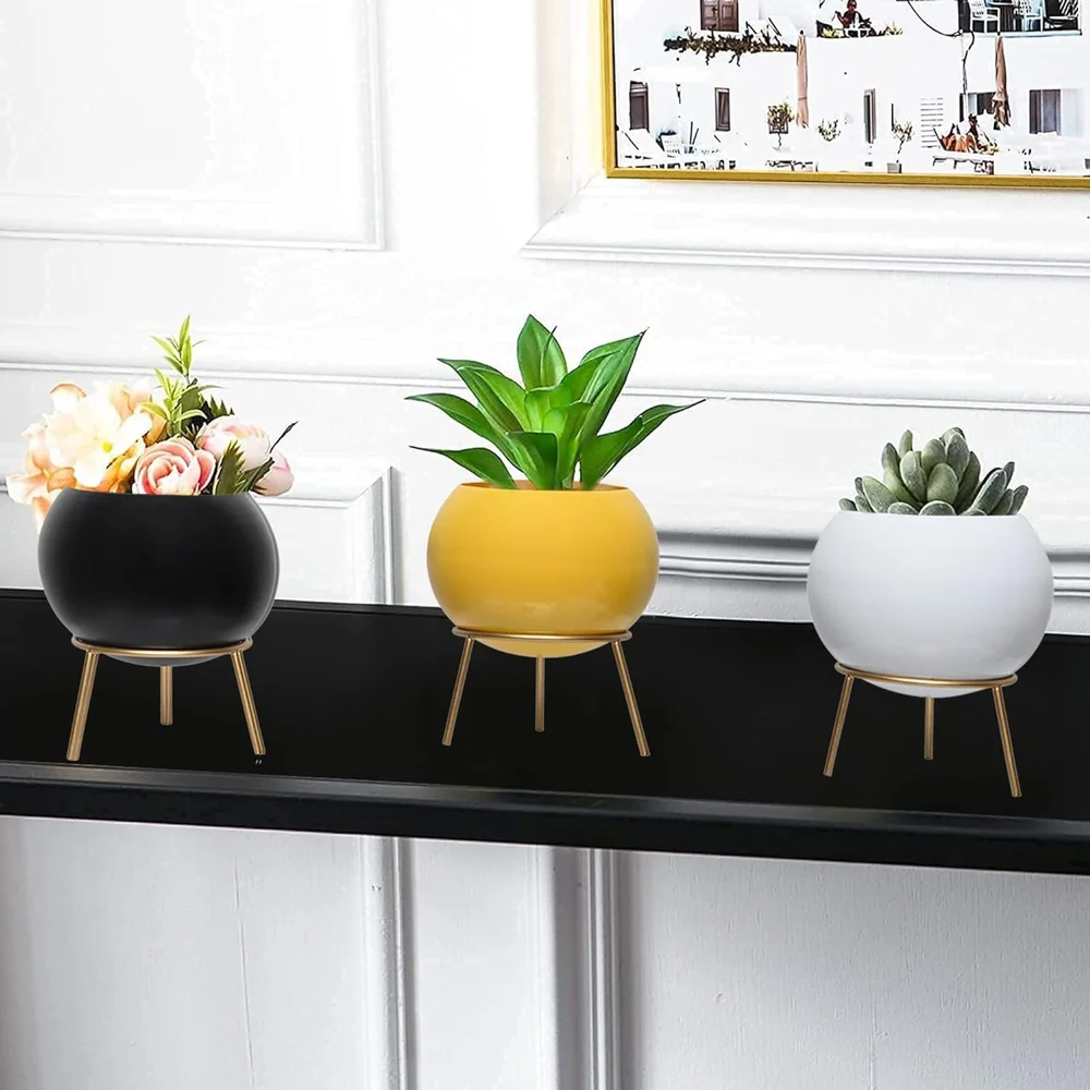 Modern Iron Planter Pots with Iron Stands – Set of 3 (Black, Yellow & White)