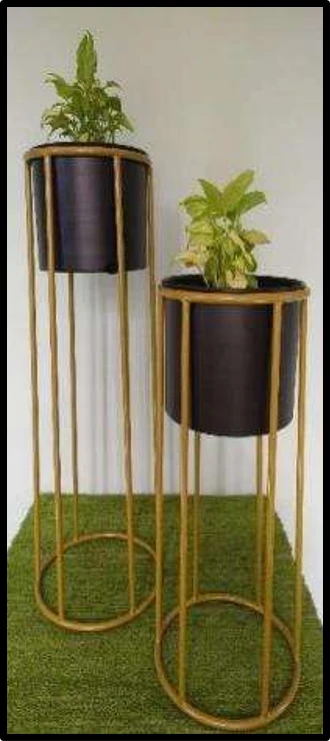 Modern Gold Iron Plant Stand with Black Planters – Set of 2