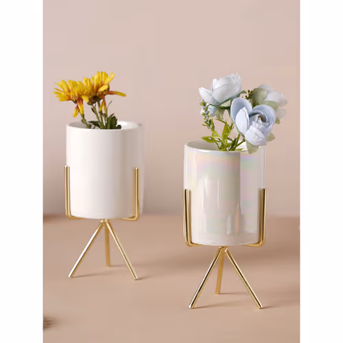 Modern White Iron Planter Set with Gold Stand (Set of 2)