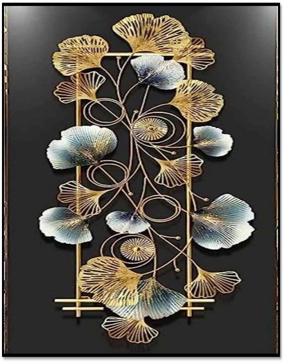 Elegant Vertical Gold & Blue Ginkgo Metal Wall Art