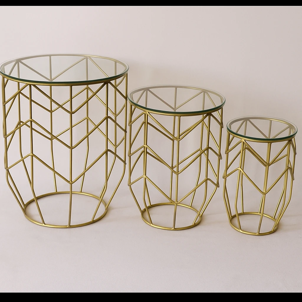Modern Geometric Mild Steel & Glass Nesting Side Table Set (Set of 3)