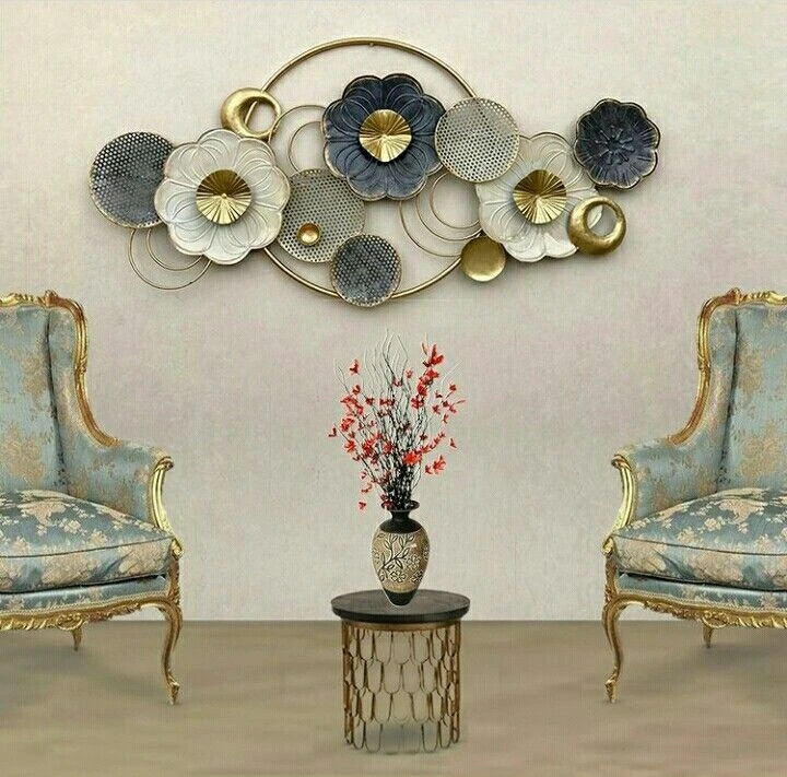 Modern Floral Metal Wall Art - Elegant Gold and Blue Circular Wall Decor - Image 2