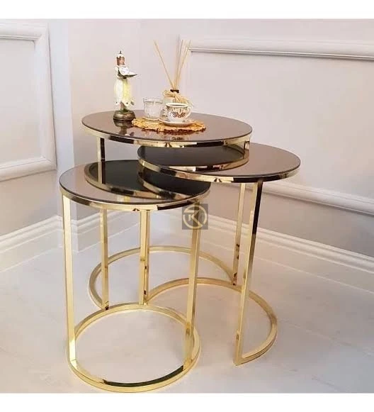Luxury Gold Mild Steel Round Nesting Table Set – (Set of 3) with Tinted Glass Top - Image 5