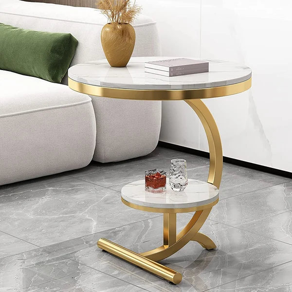 Luxury Gold Metal & White Marble Side Table – Modern Round Accent Table - Image 2