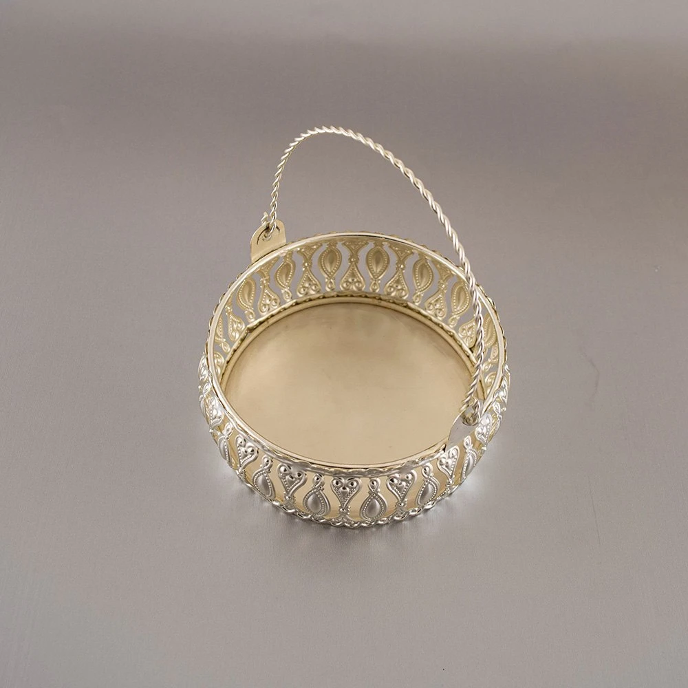 Decorative Iron Filigree Round Basket with Handle - Image 2