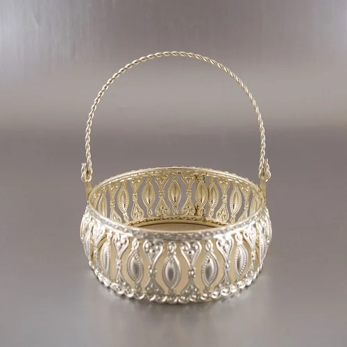 Decorative Iron Filigree Round Basket with Handle
