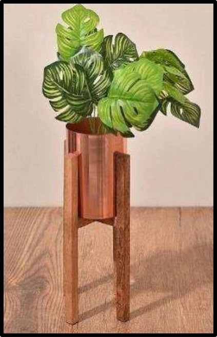 Elegant iron Planter with Wooden Stand – Indoor Decorative Plant Pot