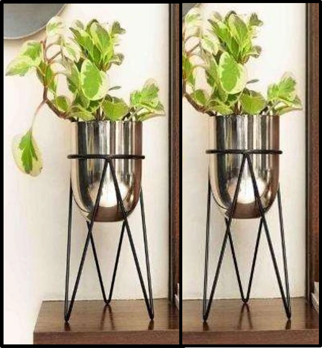 Modern Iron Planter with Black Iron Stand set of 2