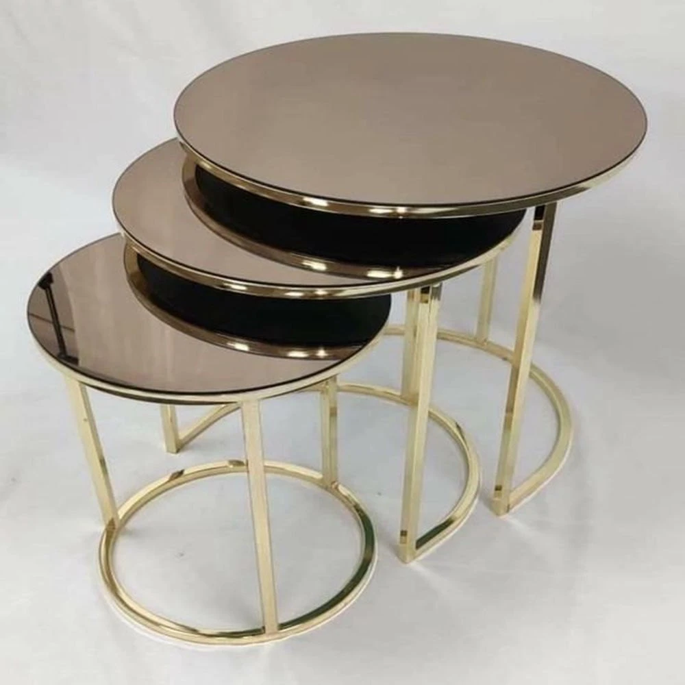 Luxury Gold Mild Steel Round Nesting Table Set – (Set of 3) with Tinted Glass Top - Image 3