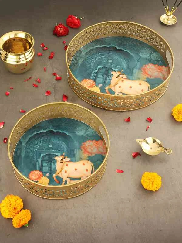Handcrafted Decorative Trays with Cow and Lotus Artwork – Set of 2 - Image 3
