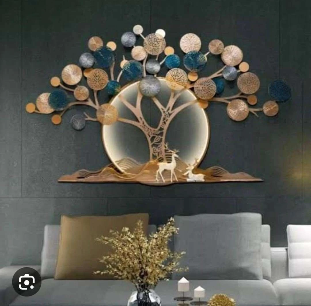 Luxury Golden Tree of Life Iron Wall Art With Backlit Ring & Deer Sculpture