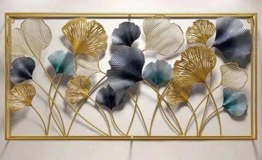 Luxury Iron Ginkgo Leaf Wall Art – 3D Golden & Blue Decorative Sculpture Frame