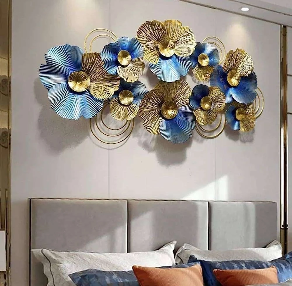 Luxury 3D Iron Wall Art – Blue & Gold Floral Panel Decor