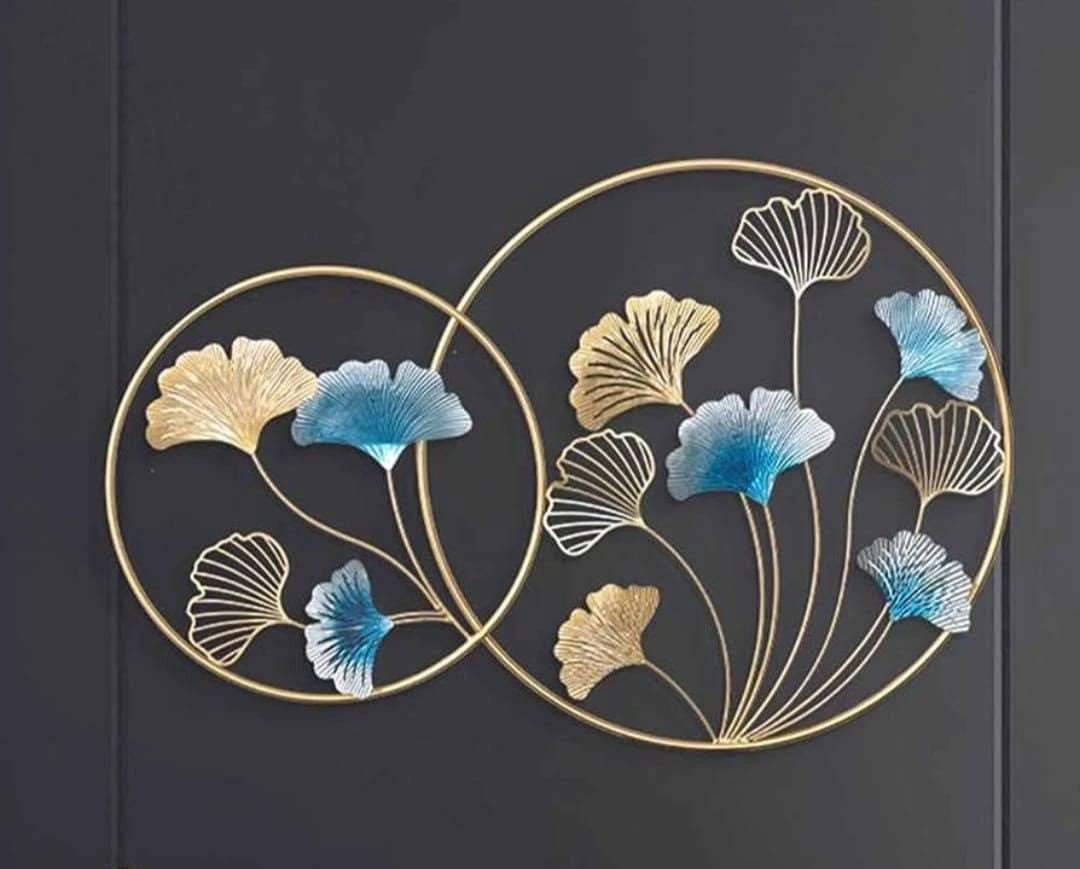 Luxury Iron Wall Art – Golden & Blue Ginkgo Leaf Decorative Wall Hanging