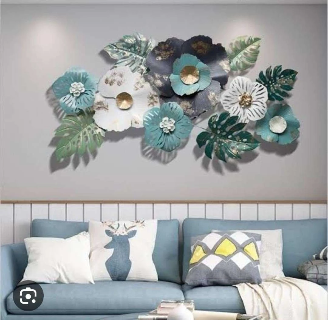 Luxury 3D Iron Floral Wall Art Decor – Teal & Gold Iron Flower Arrangement