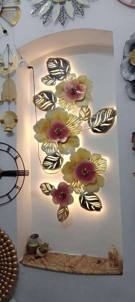 Handcrafted LED Floral Iron Wall Art – Golden & Pink Decorative Accent