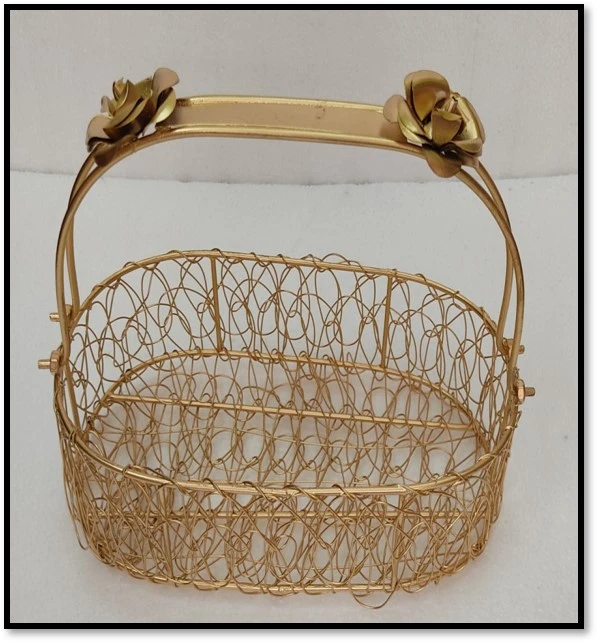 Elegant Golden Wire Basket with Floral Handle – Decorative Storage & Gift Basket