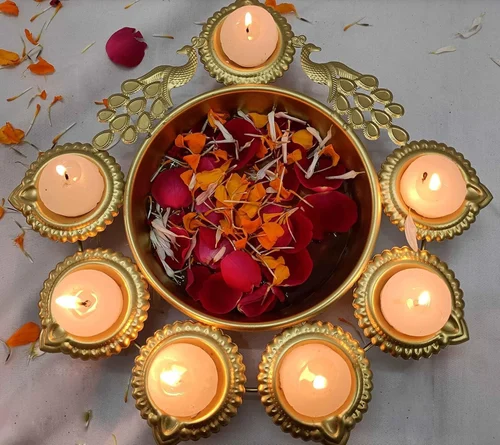 Golden Peacock Decorative Urli with Tealight Holders - Image 4